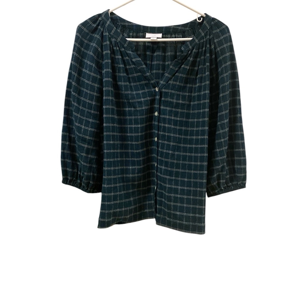 J. Jill Women's Crinkled Plaid Button-Up Top Size M Petite Evergreen Blouse - Picture 3 of 16